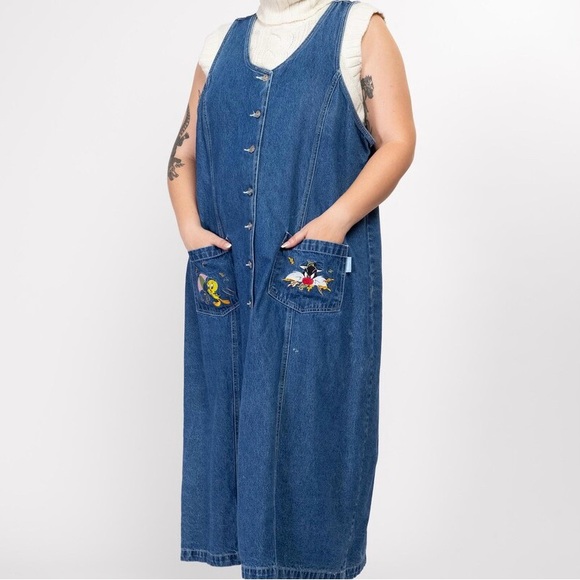 Warner Bros. Dresses & Skirts - 90s Tweety & Sylvester Looney Tunes Denim Maxi Dress